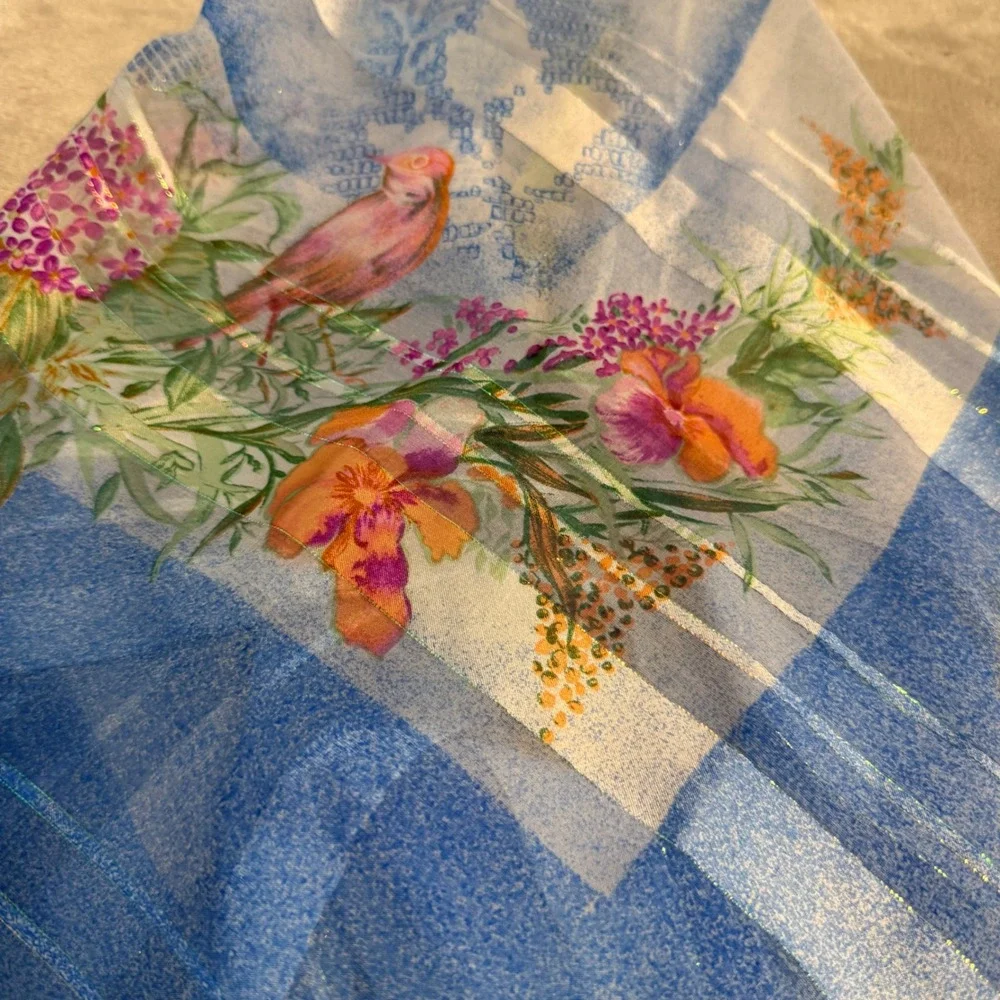 Vintage Blue Floral Bird Sheer Scarf 33x33 Metallic Stripe‎ Square